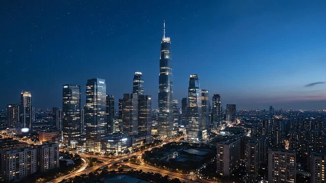 Cityscape at dusk with skyscrapers.