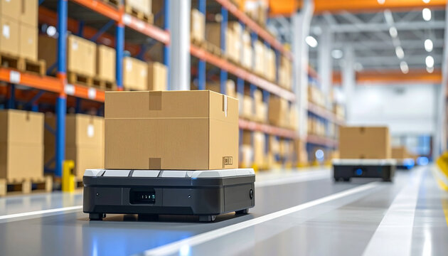 Autonomous Mobile Robot Transporting Boxes In Modern Warehouse