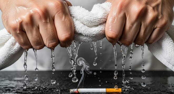 Hands wringing wet towel with cigarette.