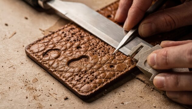 Closeup of textured specialty leather being cut and shaped into card holders highlighting the intricate surface patterns and tool precision.