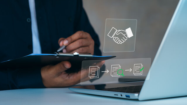 Procurement process management, Digital and paper document approval, contract verification, supplier negotiation, and business purchasing operations using laptop and paper in office environment