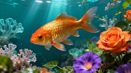 Fototapeta premium Golden fish swimming underwater among colorful flowers and coral in a vibrant aquatic scene