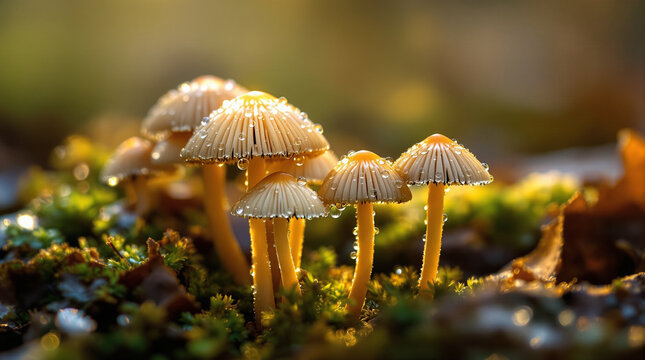 close up macro image of small mushrooms exposed to rainwater