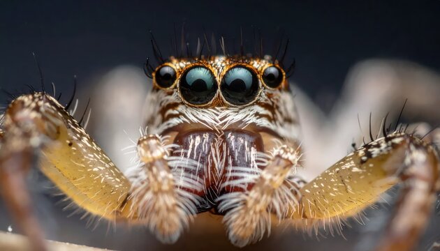 Closeup of a jumping spiders face and legs.