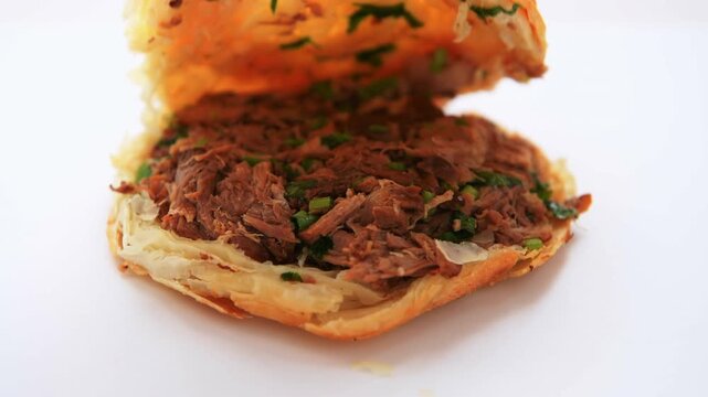 A close up of a Roujiamo or Chinese burger from Shannxi Province, China.