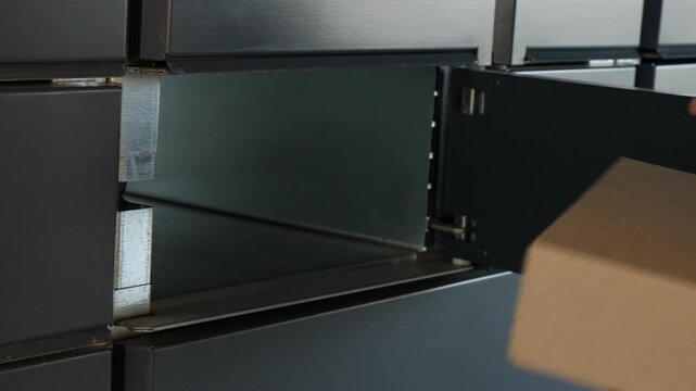 Man taking out cardboard box from parcel locker outdoors, closeup