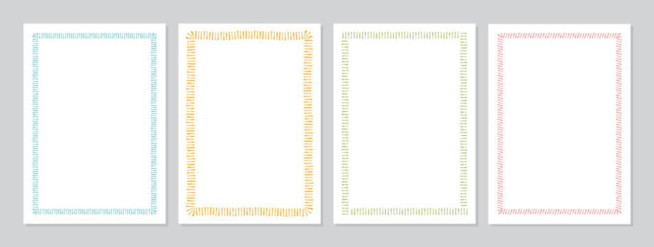Simple minimalist hand drawn line frame in soft blue, yellow, green and red. Vertical rectangle border as cute decorative element and minimal outline for wedding or birthday card, modern invite,