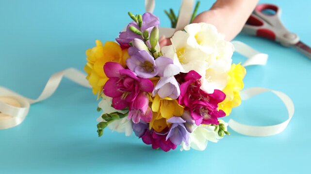 Woman making beautiful bouquet of freesia flowers on light blue background, closeup