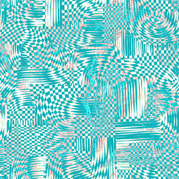 Psychedelic metaverse abstract seamless textured pattern in monochrome turquoise tones. Psychedelic background for interior decor, wallpaper, wall panel, textile, poster, web banner,mobile apps, image