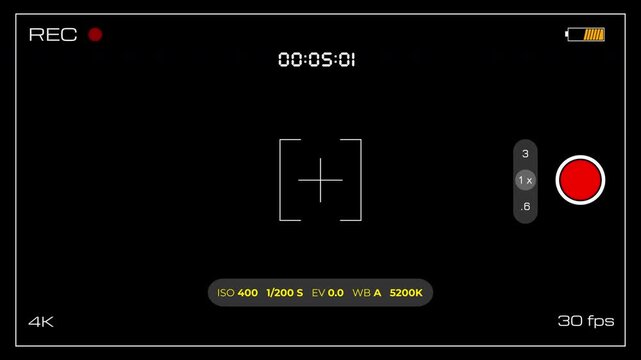 Recording camera screen interface with alpha channel, Camera recording screen overlay preview in 4K. 4K video