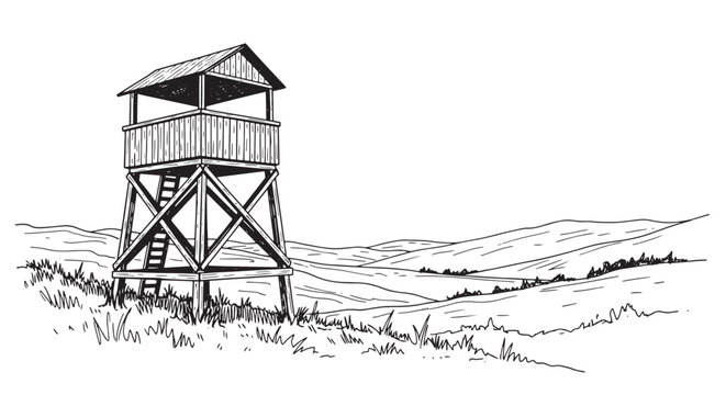 Rustic wooden watchtower on hilltop overlooking valley. Hand drawn western observation post for park navigation.