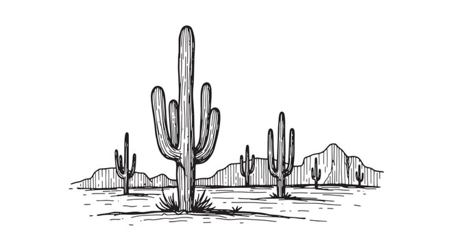 Saguaro cactus field with desert mountain range. Vintage hand drawn engraving for southwestern landscape wall art.