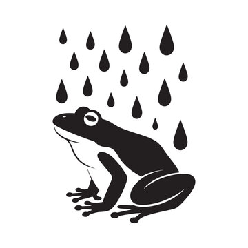 A black and white illustration of a frog looking up at raindrops