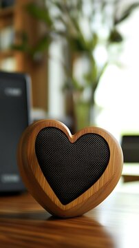 A heart-shaped wooden speaker sitting on a table in a cozy room