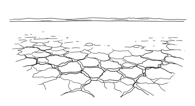 Dried salt flat plains with polygonal cracks hand drawn sketch. Barren desert wasteland for ecological concepts.