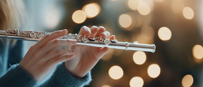 Woman playing silver flute music.