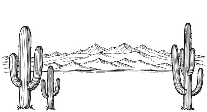 Rugged desert mountain range with saguaro cacti. High quality hand drawn vintage western vector illustration.