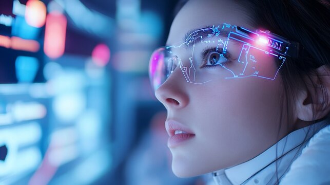 Woman wearing futuristic virtual glasses.