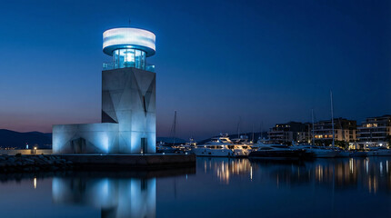 Naklejka premium Modern Concrete Lighthouse Illuminating Marina at Night