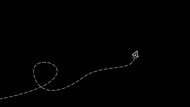 A dashed white arrow with a looping curved path and a sharp arrowhead is drawn on a solid black background, representing a journey, direction, or a conceptual path
