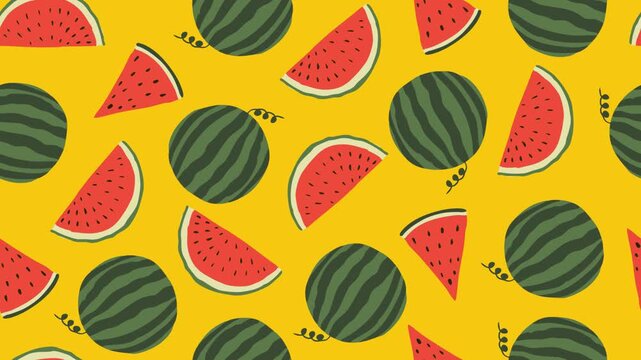 Colorful seamless watermelon pattern animation with playful summer vibes. Suitable for food content, seasonal promotions, children themes, packaging visuals, and vibrant motion backgrounds.
