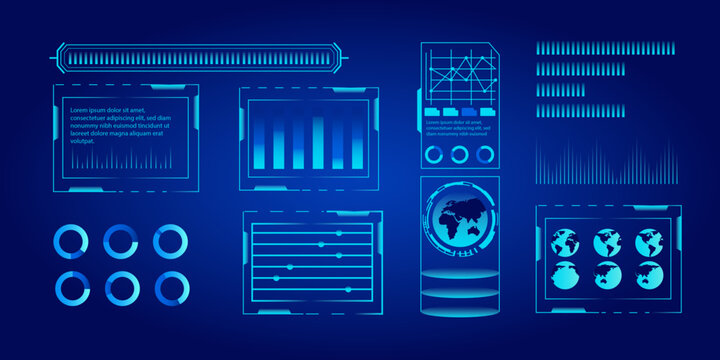 Futuristic HUD user interface for app with infographic elements virtual graphics simulation augmented reality screen monitor dashboard design
