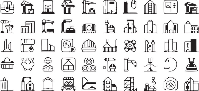 Construction industry line icon set with crane tools helmet blueprint building equipment symbols minimal clean outline vector collection for web and app design