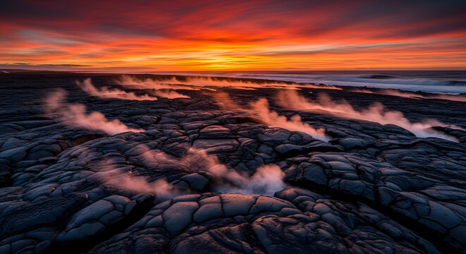 A serene beach landscape at sunset with steam rising from the rocky shore