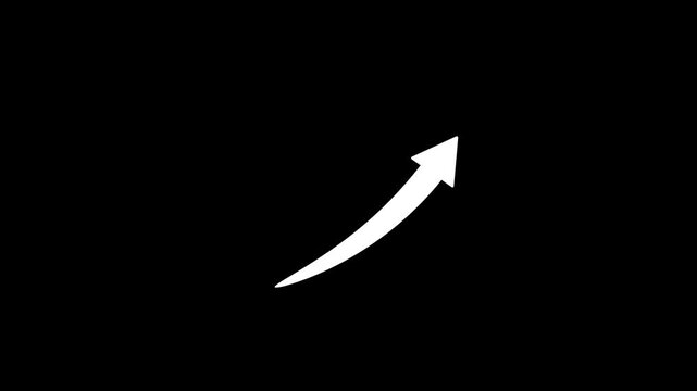 A simple white curved arrow pointing upwards and to the right against a solid black background representing growth progress and positive direction in business or finance concepts and abstract data