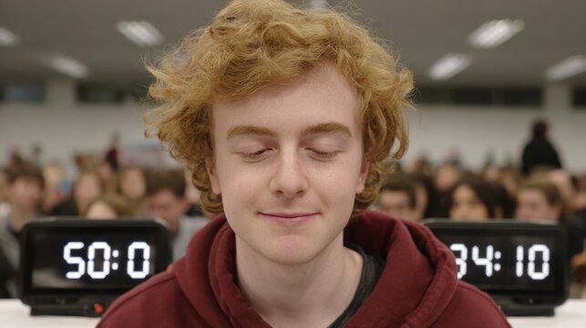 Medium shot of a test taker concentrating on aptitude questions with a digital countdown timer commercial testing room setup subtly out of focus in background.