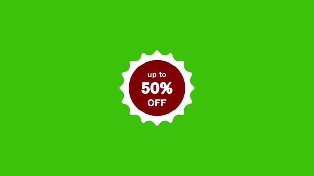 A circular red and white badge with a serrated edge the text "up to 50" in white with a subtle reflection effect against a vibrant green background a simple for promotions or discounts