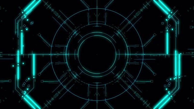 Futuristic circular HUD interface with geometric frame and glowing blue elements, sci fi technology background, digital scanning system, advanced cyber UI core display