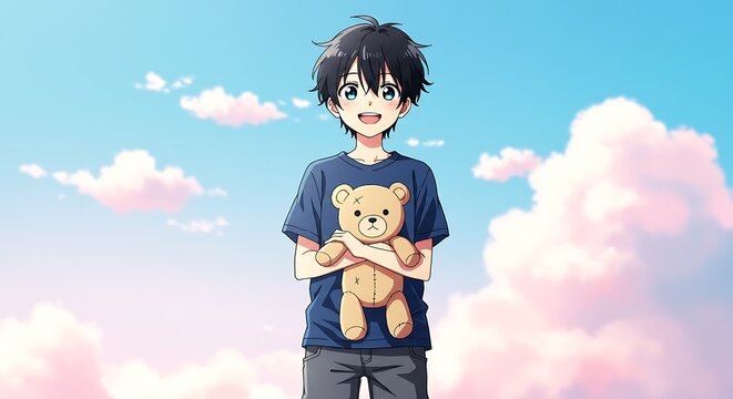 Anime boy with teddy bear against a pastel sky, happy and innocent