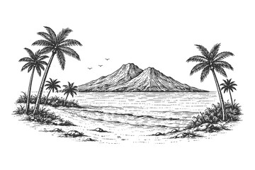 Retro Hand Drawn Etching Style Vector Illustration of a Tropical Beach Coast with Palm Trees and Volcanic Mountains in Vintage Engraving Style Art © Chairul