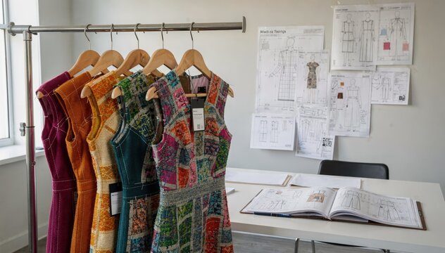Medium shot of dress samples hanging in a fashion studio showcasing colorful fabric swatches and detailed stitching inspired by designer sketches and tech packs.