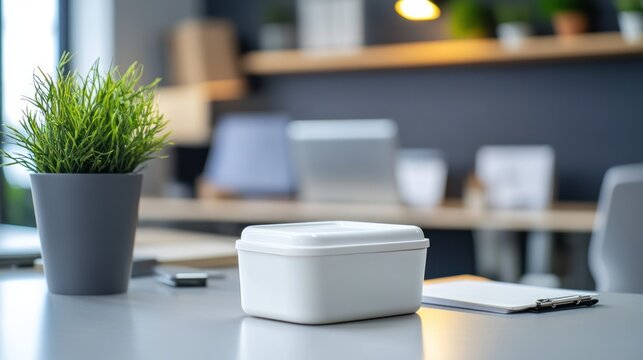 Modern office workspace setup with greenery, storage box and accessories