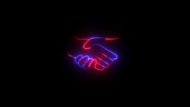 A neon sign of two hands shaking. The sign is blue . of the sign is that it represents a handshake, which is a symbol of agreement or partnership 4k video...