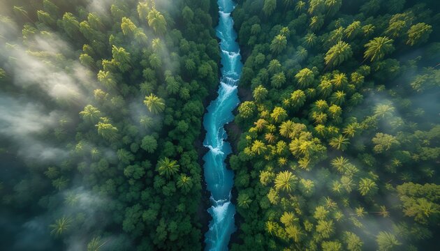 Aerial Flycam View of Turquoise River Flowing Through Dense Tropical Rainforest Canopy Natural Abstract Background
