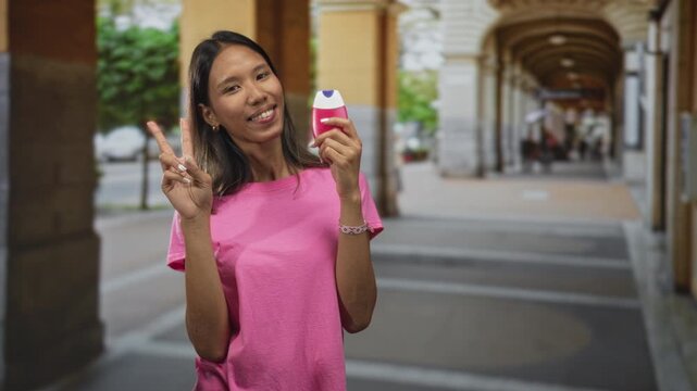 Thai woman in a pink shirt holding a small toothpaste tube with her right hand and flashing a peace sign with left fingers on a street lined with arched colonnade; playful hygiene.