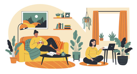 Fototapeta premium Two people relaxing and working in a cozy living room with plants