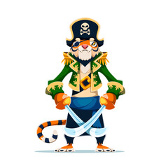 Obraz premium Cartoon tiger captain pirate vector character stands upright with striped tail, orange fur and fierce expression and holds two curved swords. Brave pirate mascot. Ship crew animal corsair personage