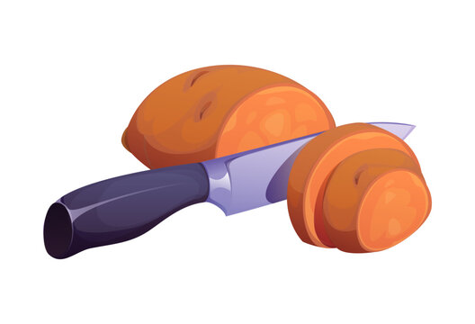 Knife cutting a batata potato on circular slices cooking preparation process. Cartoon vector ripe potato vegetable tuber is being cut with a sharp knife. Culinary, kitchen, home food recipe meals cook