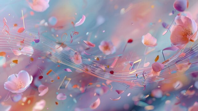 Abstract digital artwork of a musical journey where swirling notes and chords morph into fluttering cherry blossoms. A soft pastel gradient fills the dreamy background, echoing spring warmth, while e
