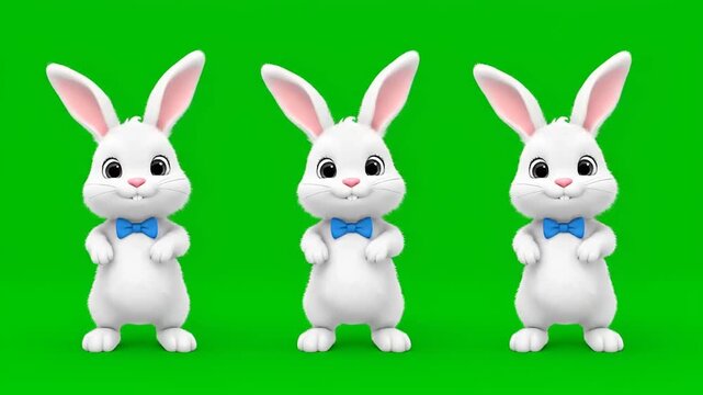 Three adorable 3D rendered white bunnies wearing blue bow ties, standing on a bright green screen, perfect for animation, children's content, or holiday projects like Easter celebrations