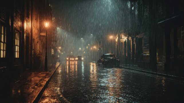 Cinematic rainy city street at night with moody lighting, neon and streetlamp reflections glistening on wet cobblestones, vintage car parked on the curb, tall dark buildings lining the drenched avenu