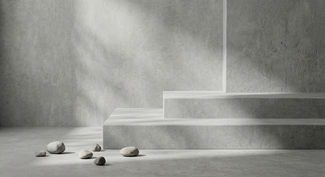 Minimalist concrete stair podium mockup with stones and sunlight shadows