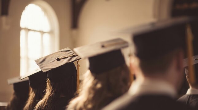 Graduation ceremony concept with graduates wearing caps and gowns in a row. Academic achievement, higher education success and commencement day.