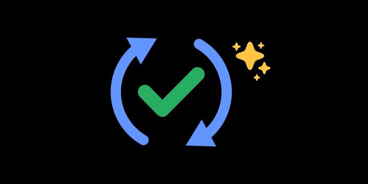Animated circular synchronization arrows surrounding a central checklist with pulsating sparkle elements. 2D flat vector motion representing AI-driven task updates.