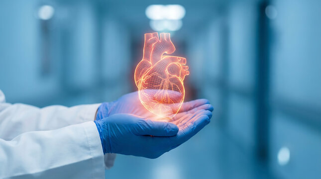 Medical Professional Holding Glowing 3D Model of a Human Heart, Symbolizing Health, Science, and Cardiology Innovation