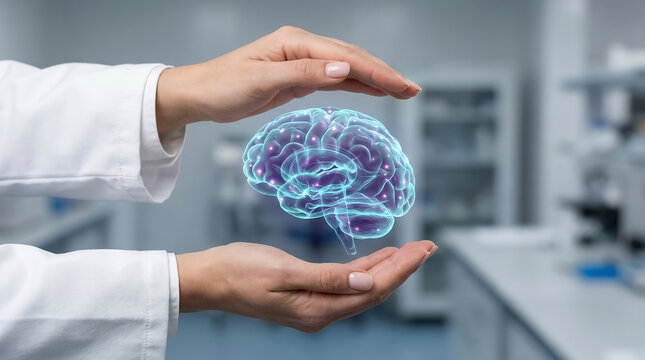 Scientist's hands protecting a glowing digital representation of the human brain in a lab, symbolizing neurological research, health innovation, and future medical breakthroughs